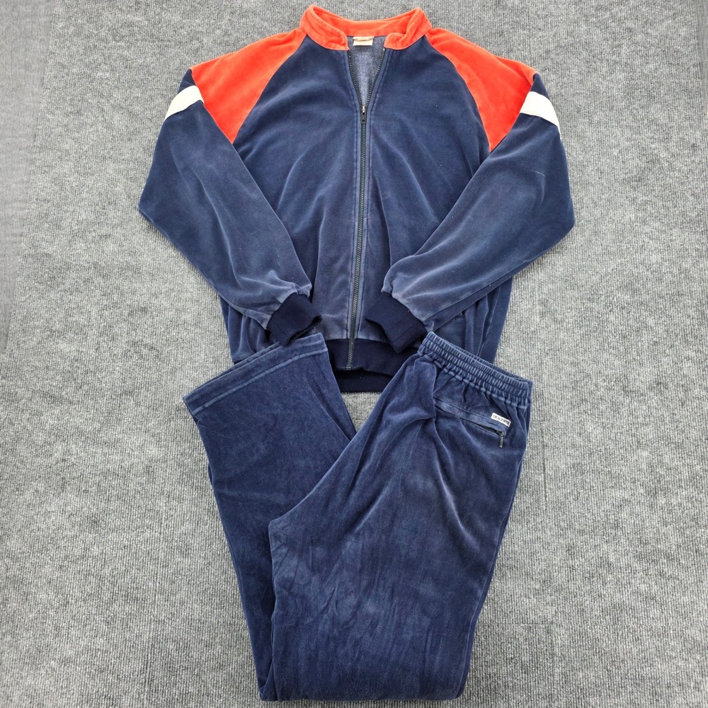 Vintage Descente Velour Tracksuit Navy Blue Orange Colorblock Made in Japan XL